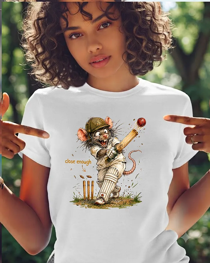 Hand-drawn rat t-shirt β "Close Enough" Cricket Rat Tee β Silly Rat Collection