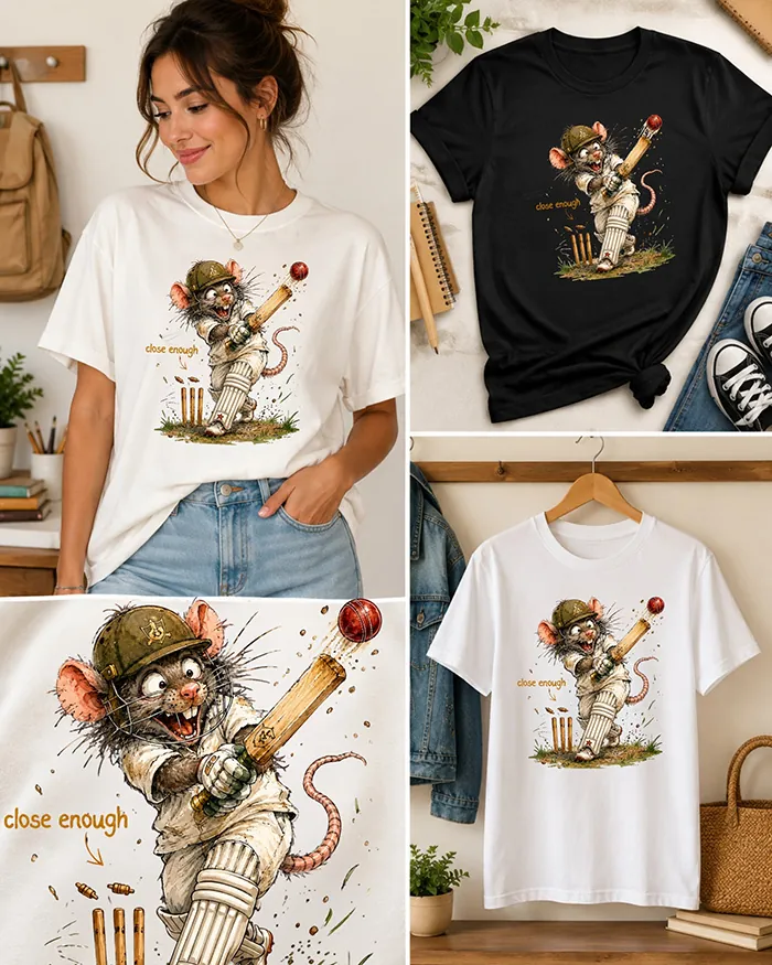 Hand-drawn rat t-shirt β "Close Enough" Cricket Rat Tee β view 3