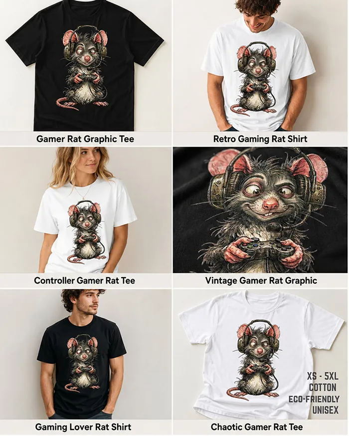 Hand-drawn rat t-shirt β Gamer Rat Tee β Silly Rat Collection
