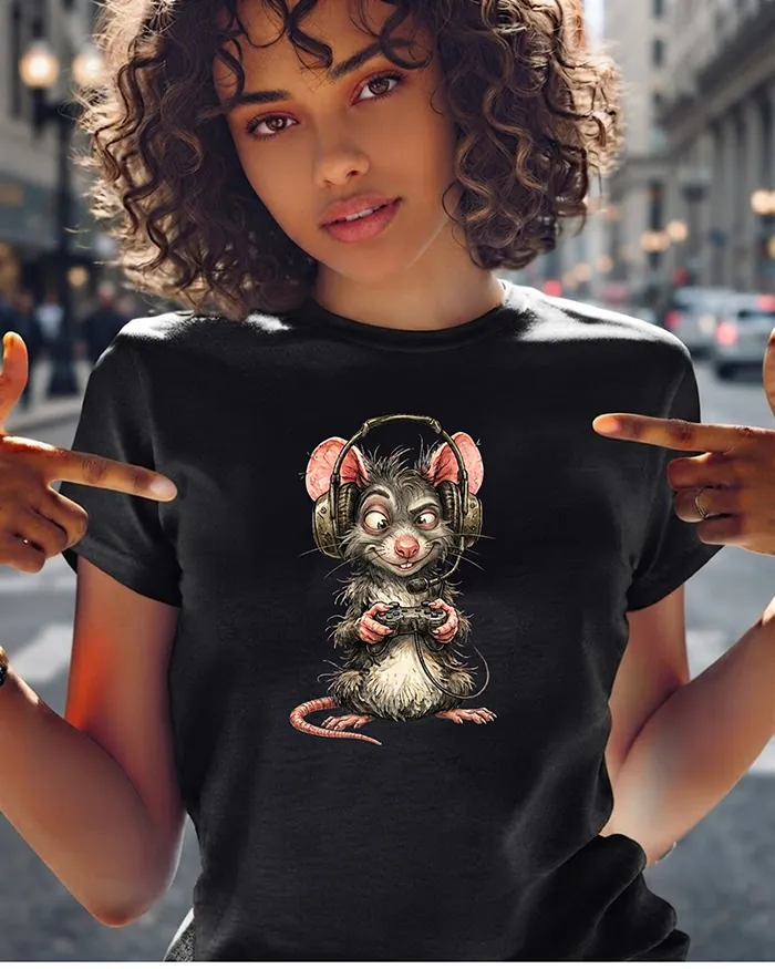 Hand-drawn rat t-shirt — Gamer Rat Tee — view 2