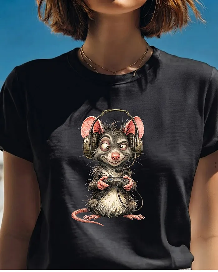 Hand-drawn rat t-shirt — Gamer Rat Tee — view 9