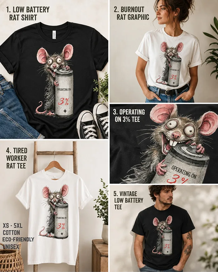 Hand-drawn rat t-shirt β "Operating on 3%" Low Battery Rat Tee β Silly Rat Collection