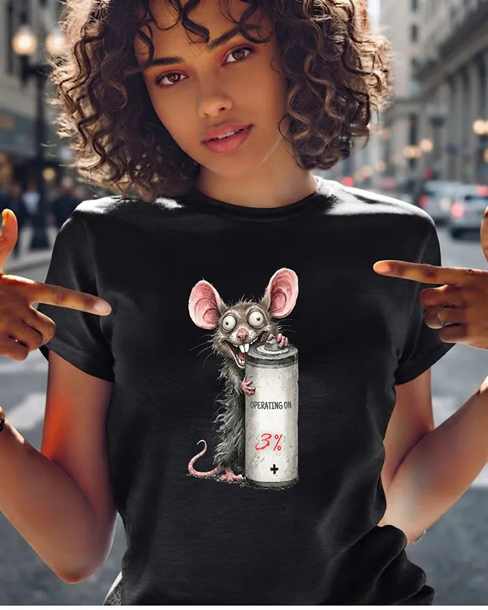 Hand-drawn rat t-shirt β "Operating on 3%" Low Battery Rat Tee β view 2