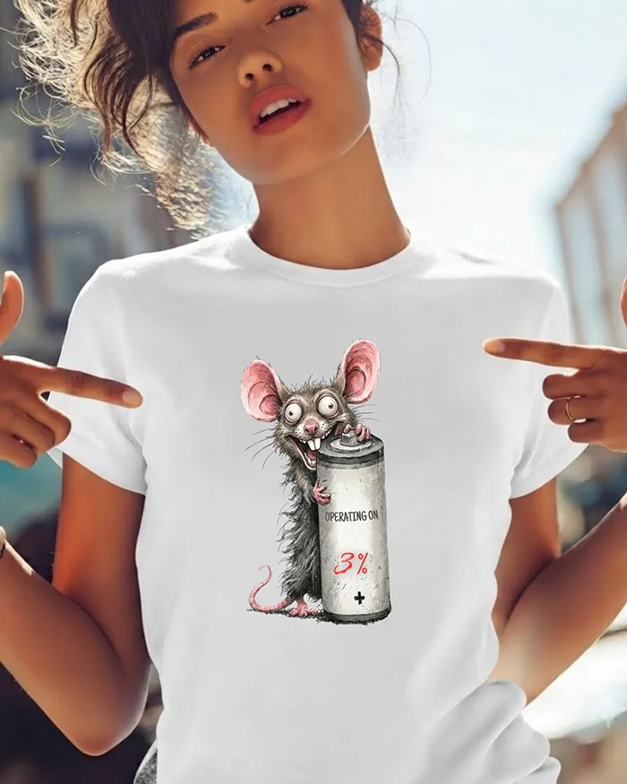 Hand-drawn rat t-shirt β "Operating on 3%" Low Battery Rat Tee β view 3