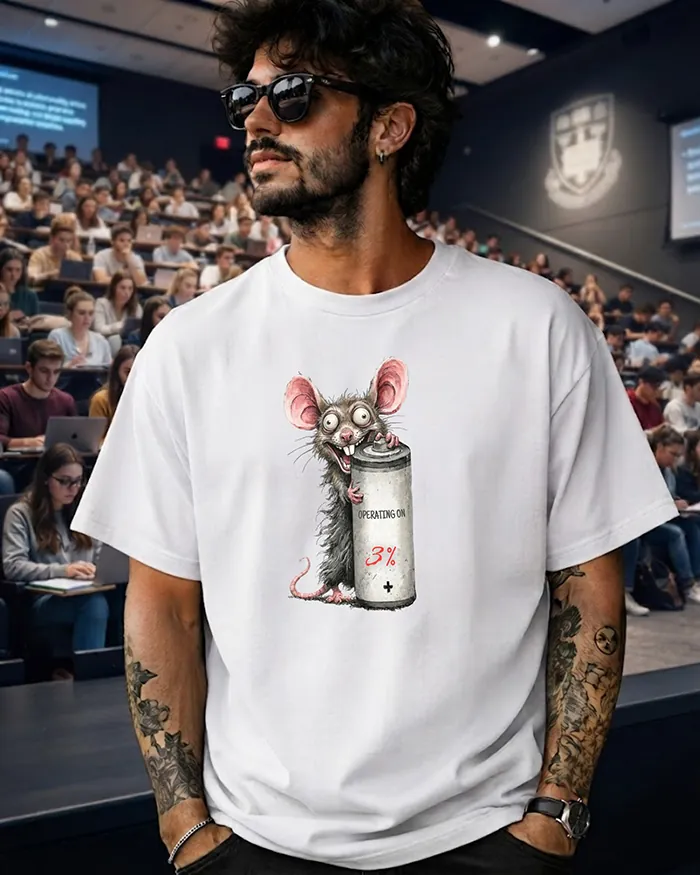 Hand-drawn rat t-shirt β "Operating on 3%" Low Battery Rat Tee β view 4