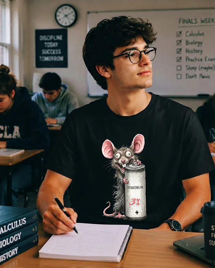 Hand-drawn rat t-shirt β "Operating on 3%" Low Battery Rat Tee β view 5