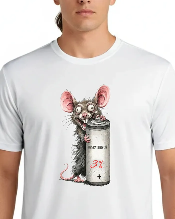 Hand-drawn rat t-shirt β "Operating on 3%" Low Battery Rat Tee β view 7