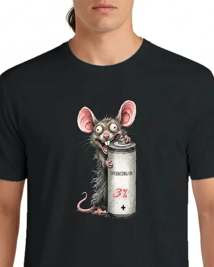 Hand-drawn rat t-shirt β "Operating on 3%" Low Battery Rat Tee β view 8