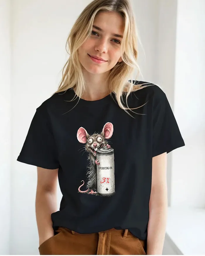 Hand-drawn rat t-shirt β "Operating on 3%" Low Battery Rat Tee β view 9