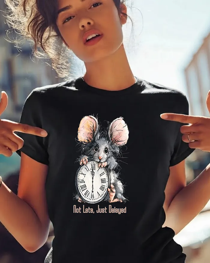 Hand-drawn rat t-shirt β "Not Late, Just Delayed" Rat Tee β view 2