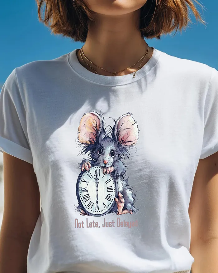 Hand-drawn rat t-shirt β "Not Late, Just Delayed" Rat Tee β view 3
