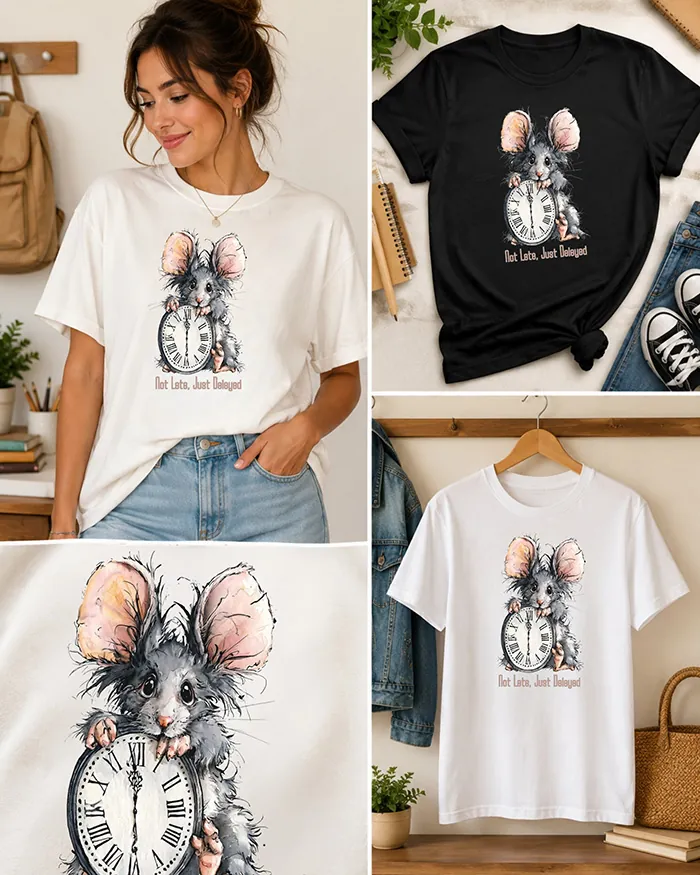 Hand-drawn rat t-shirt β "Not Late, Just Delayed" Rat Tee β view 4