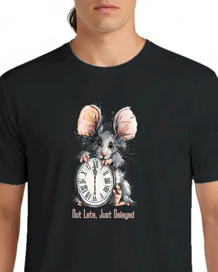Hand-drawn rat t-shirt β "Not Late, Just Delayed" Rat Tee β view 6