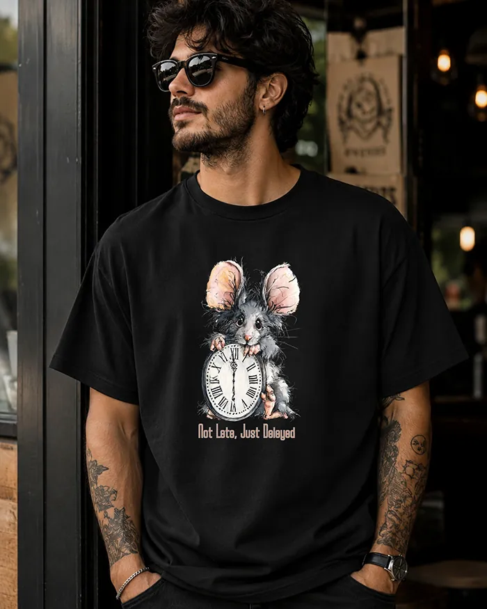 Hand-drawn rat t-shirt β "Not Late, Just Delayed" Rat Tee β view 9