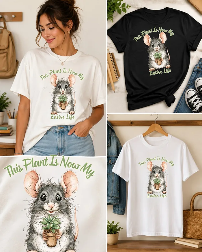 Hand-drawn rat t-shirt β "This Plant Is Now My Entire Life" Rat Tee β Silly Rat Collection