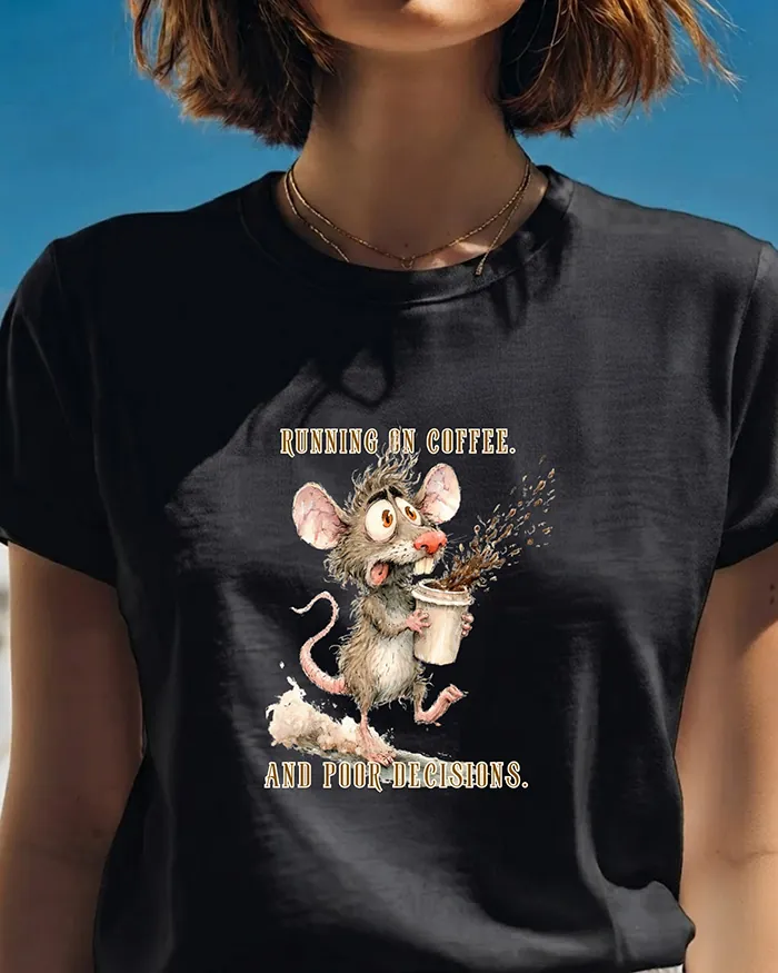 Hand-drawn rat t-shirt β "Running on Coffee. And Poor Decisions." Rat Tee β view 2