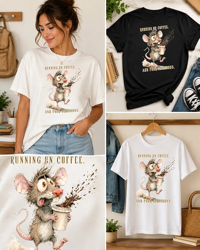 Hand-drawn rat t-shirt β "Running on Coffee. And Poor Decisions." Rat Tee β view 3