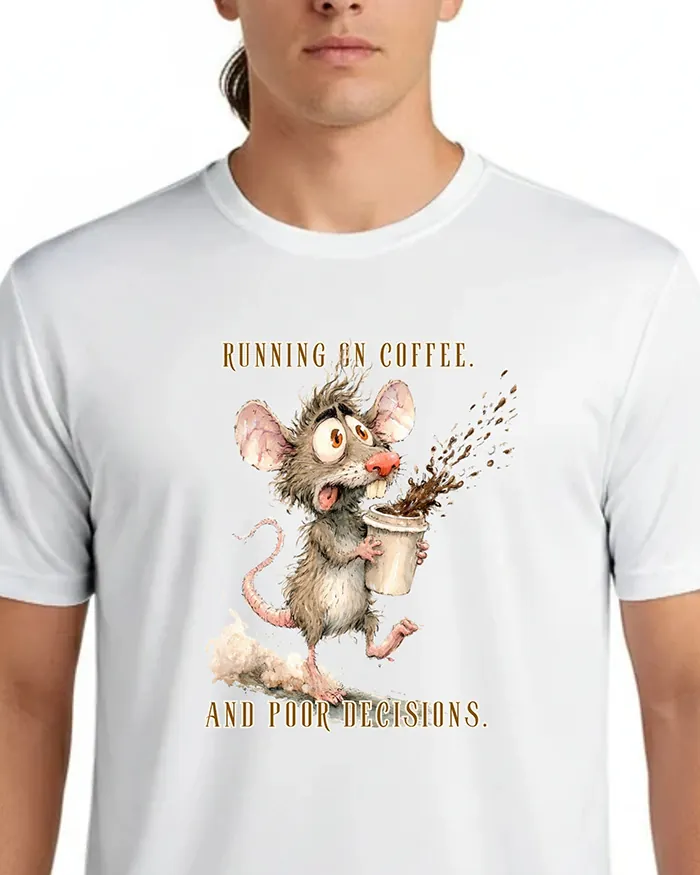 Hand-drawn rat t-shirt β "Running on Coffee. And Poor Decisions." Rat Tee β view 4