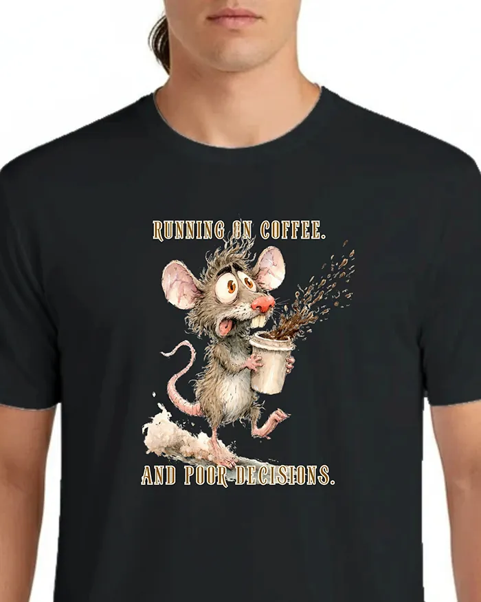 Hand-drawn rat t-shirt β "Running on Coffee. And Poor Decisions." Rat Tee β view 5