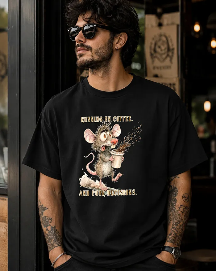 Hand-drawn rat t-shirt β "Running on Coffee. And Poor Decisions." Rat Tee β view 8