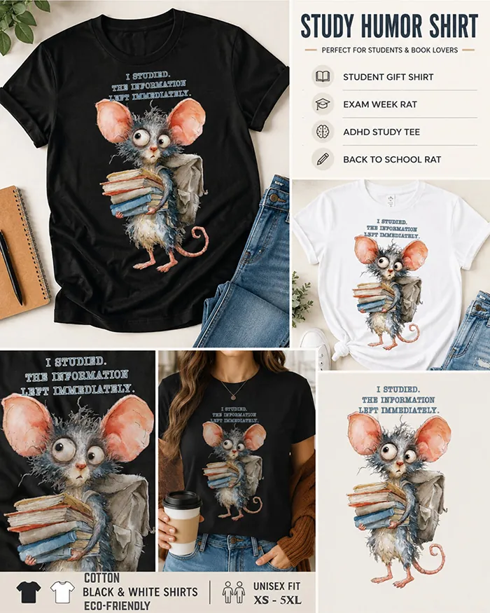 Hand-drawn rat t-shirt β "I Studied. The Information Left Immediately." Rat Tee β Silly Rat Collection