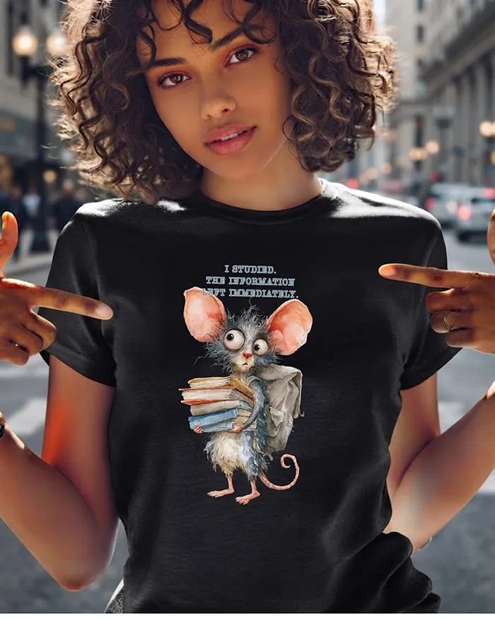 Hand-drawn rat t-shirt β "I Studied. The Information Left Immediately." Rat Tee β view 2