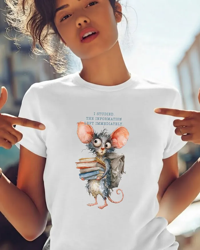 Hand-drawn rat t-shirt β "I Studied. The Information Left Immediately." Rat Tee β view 3