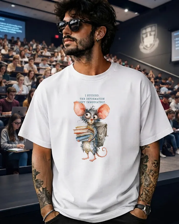 Hand-drawn rat t-shirt β "I Studied. The Information Left Immediately." Rat Tee β view 4