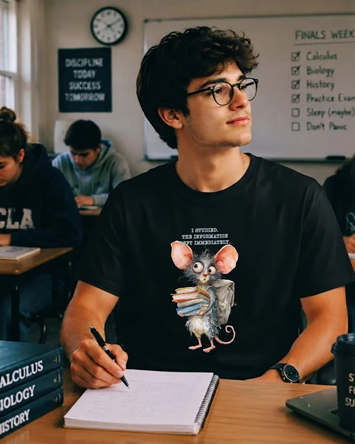 Hand-drawn rat t-shirt β "I Studied. The Information Left Immediately." Rat Tee β view 5